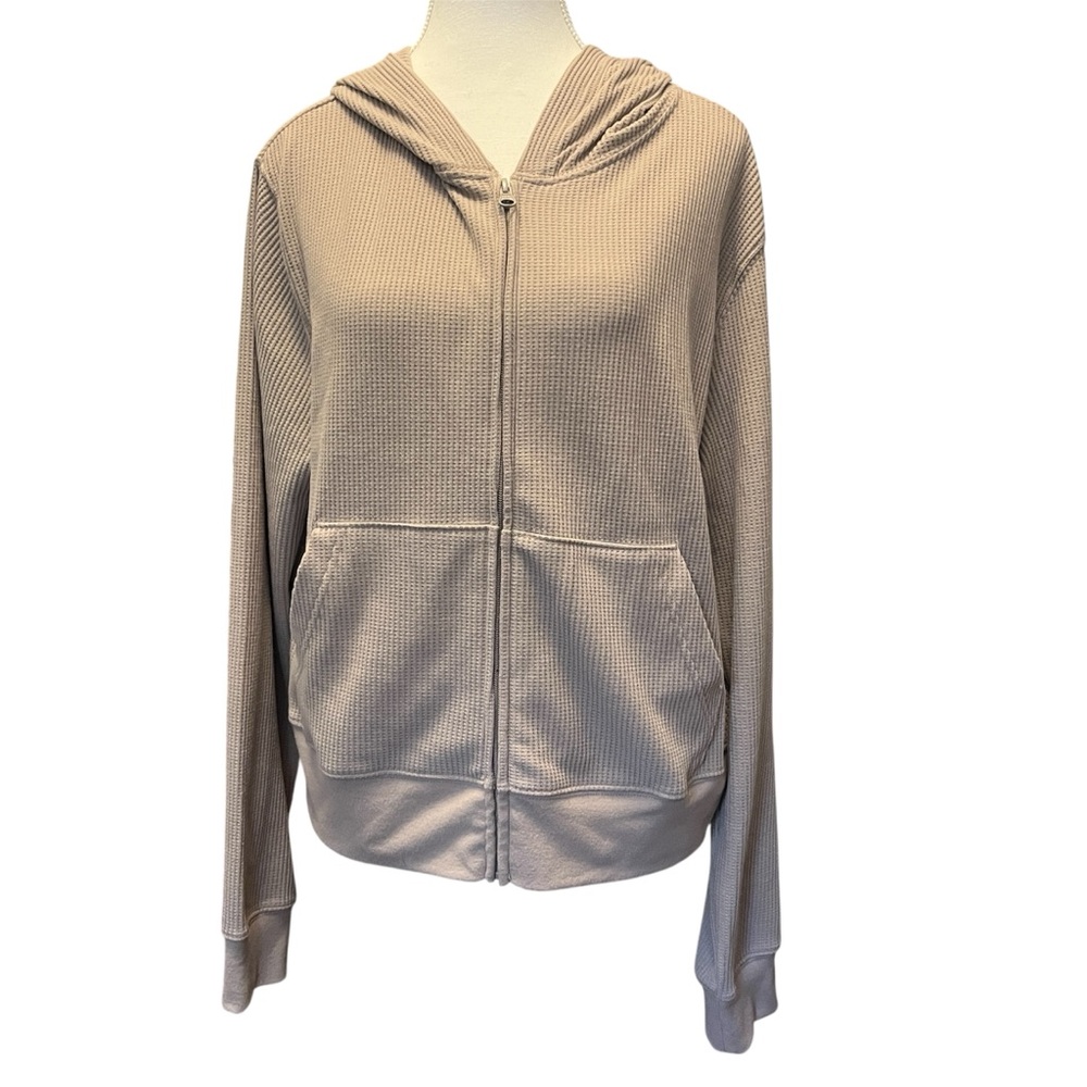 NWOT• Light Beige Waffle-Knit Zip Hoodie Jacket